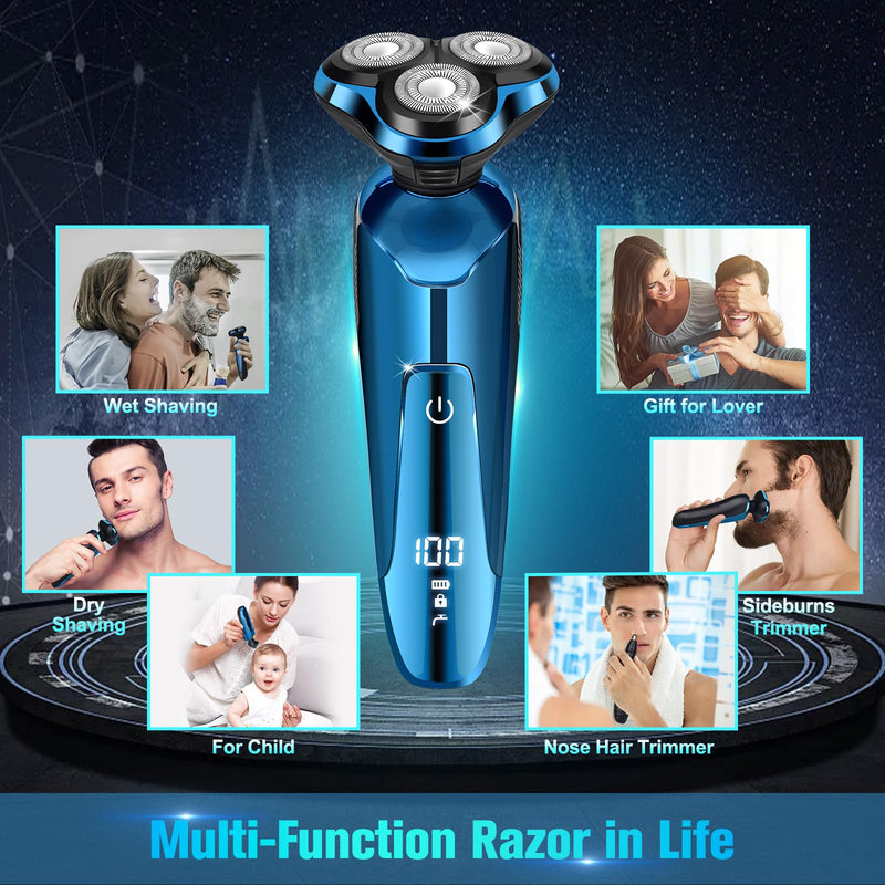 Electric Razor for Men, Cordless 3D Rotary Head Shavers for Men Face, Wet/Dry Waterproof, LED Display, Ideal Gift for Husband/Dad/Boyfriend (Blue) A2-blue