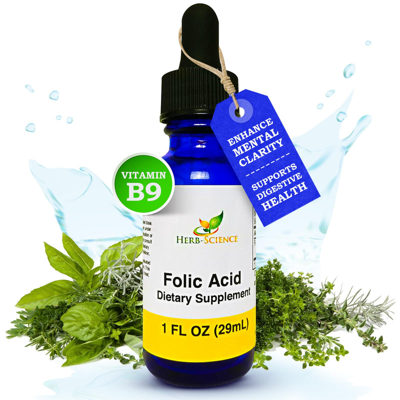 Liquid Vitamin B9 Folic Acid Drops, Alcohol-Free, 1 Oz | Made with Only 3 Premium Ingredients, Vegan and Non-GMO, in a Cobalt Glass Bottle with Flexible Daily Serving