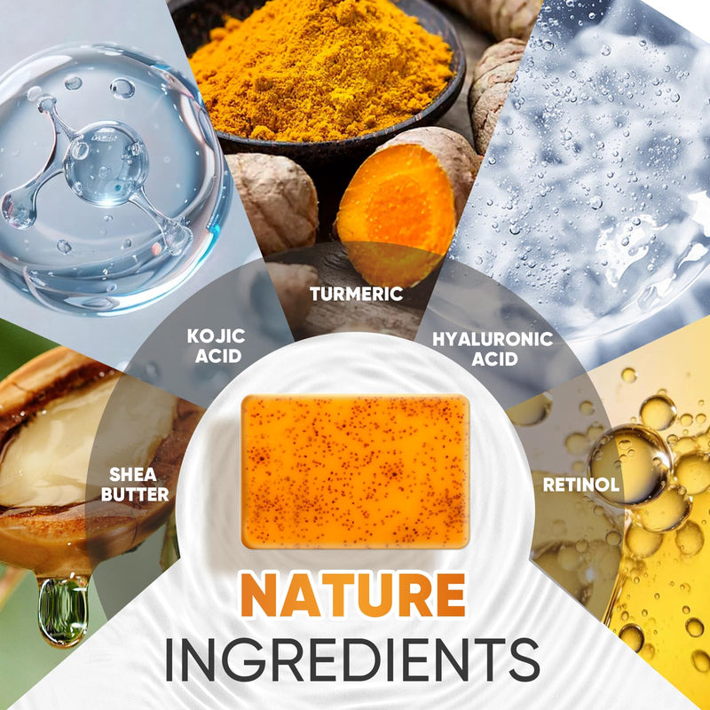 3Pcs 60g Turmeric Kojic Acid Soap Bars for Face, Body & Underarms | Infused with Retinol, Hydrolyzed Collagen, Vitamin E & Shea Butter, Gentle Care, SLS Free, Suitable for Oily & Dry Skin 3 pack soap 60g 2.12 Ounce (Pack of 3)
