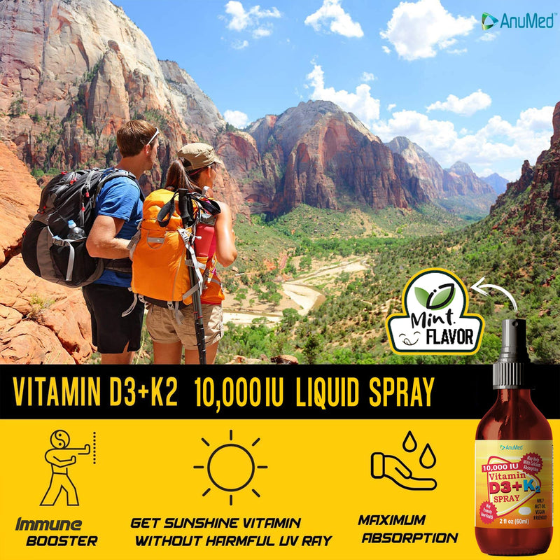 Vitamin D3 K2 10,000 IU Liquid Spray with Organic MCT Oil, Vitamin A (Retinol) 1250mcg, K2 (MK4,MK7) Promotes Heart, Bones, Immune System. 100% Vegan, Non-GMO, Gluten-Free, No Sugar Added (2oz)
