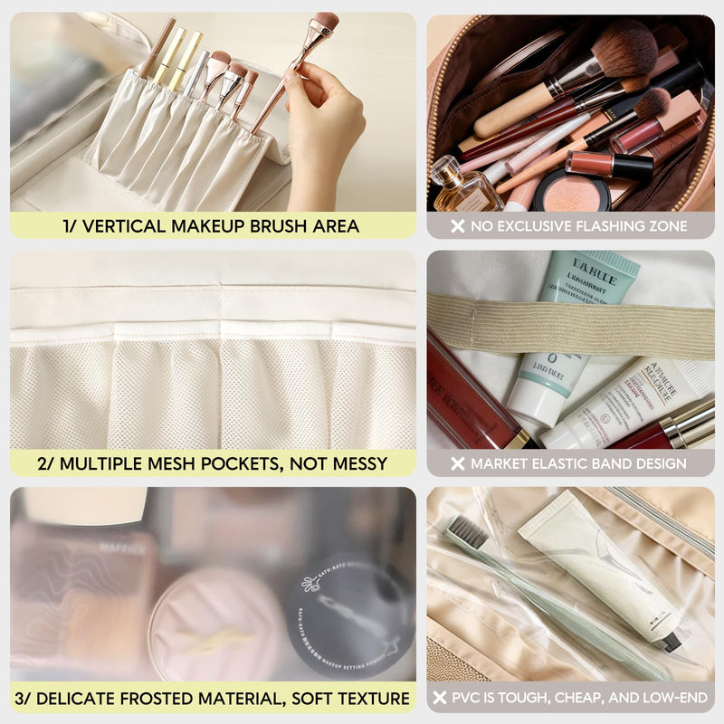 GIVLEFLY Luxury Hanging Makeup Bag for Women, Large 4-Layer Foldable Waterproof Cosmetic & Skincare Organizer with Handle, Fits Suitcase & Train Seat for Travel（beige） Beige