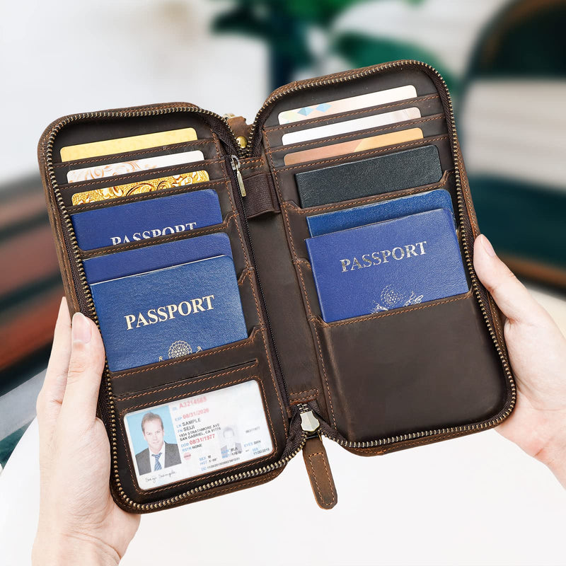 Polare Full Grain Leather Family Passport Holder Travel Wallet and Documents Organizer RFID Blocking Case Fits 6 Passports Dark Brown