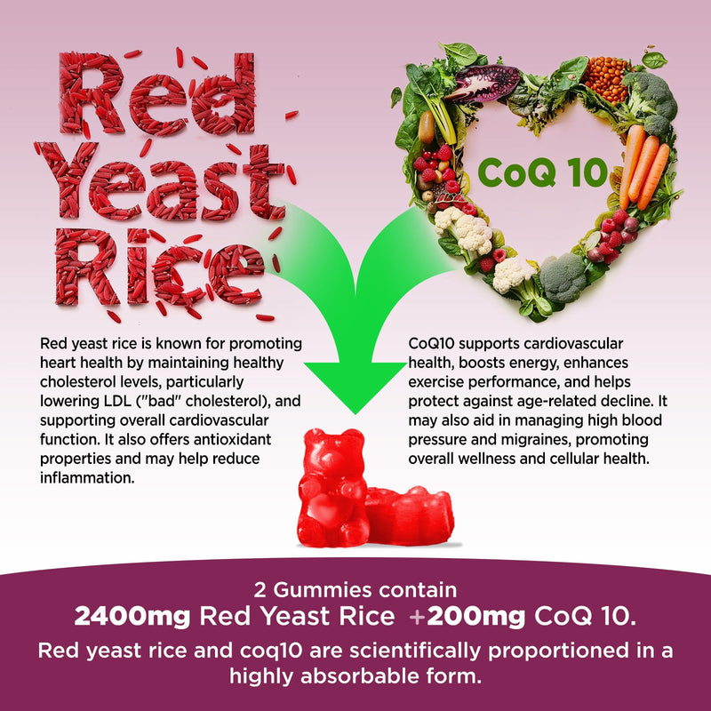 [Australia] - Red Yeast Rice with Coq10 Gummies Sugar Free, Organic Red Yeast Rice 2400mg for Cholesterol Lowering Supplements, Enhanced with Coenzyme Q10 200mg for Heart Health Support, 60 Counts 