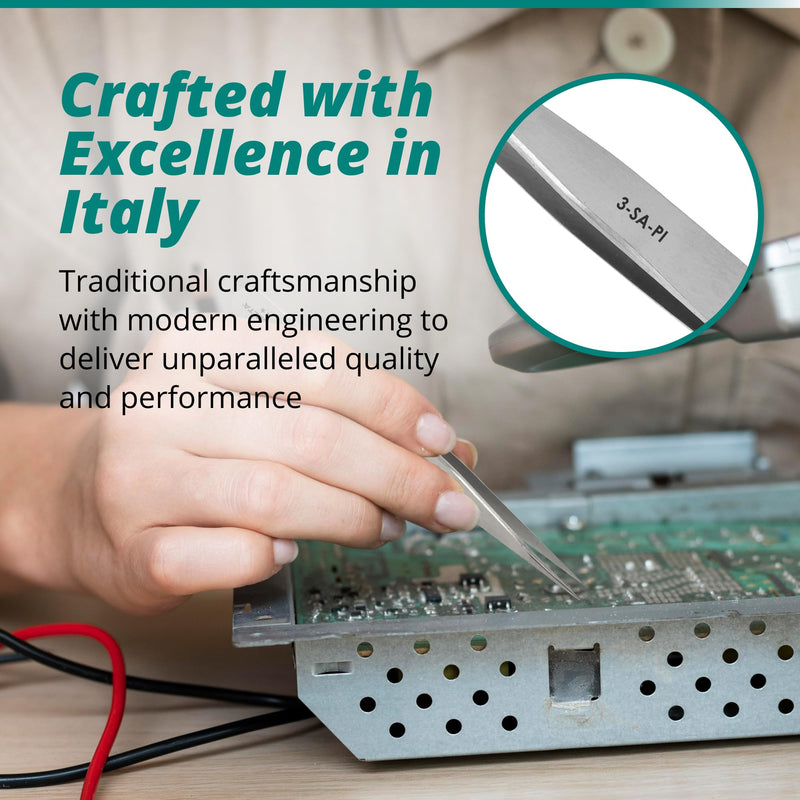 Excelta 3-SA-PI Straight Very Fine Precision Pointed Tweezers, 4.75 Inch, Conductive Anti-Magnetic Stainless Steel 316L, Ideal for Magnification Work, Made in Italy, Intermediate 4.75" Tweezer, Straight Very Fine Points
