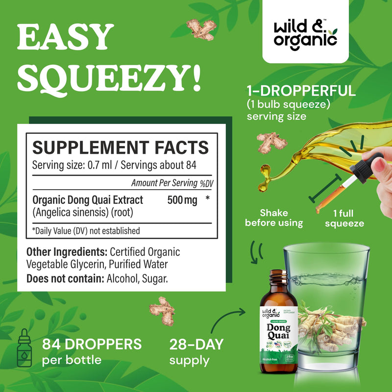 [Australia] - Wild & Organic Dong Quai Tincture 500 mg - Angelica Root Supplements for Women - Dong Quai Root Liquid Extract Drops - Angelica Sinensis Herb - No Sugar & Alcohol - 2 fl oz 2 Fl Oz (Pack of 1) 