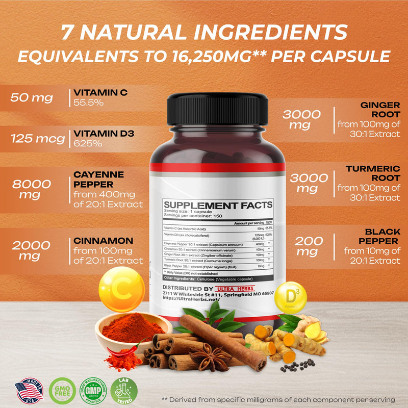 [Australia] - Cayenne Pepper 7 IN 1 - 16,250mg - with Ginger, Turmeric, Cinnamon, Black Pepper - Promotes Digestive System Function (150-day supply (pack of 1)) 150-day supply (pack of 1) 