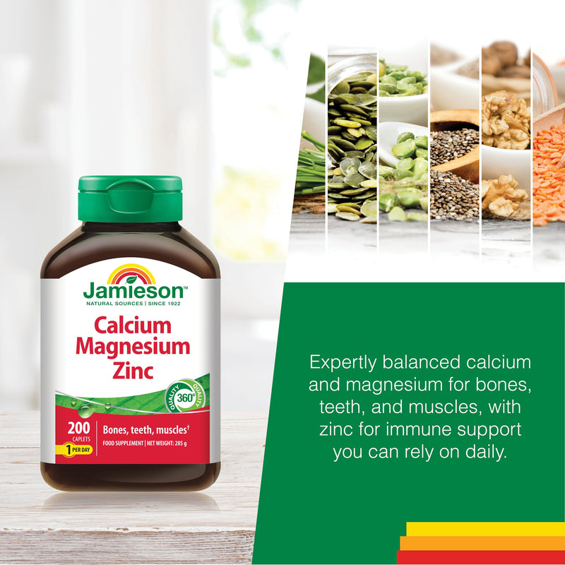 Jamieson Calcium Magnesium + Zinc, for Healthy Bones, Healthy Teeth, Muscle Function, Immune Function, Vegetarian, Gluten Free, Lactose Free, Bonus Size, 200 Caplets, 1 a Day Formula