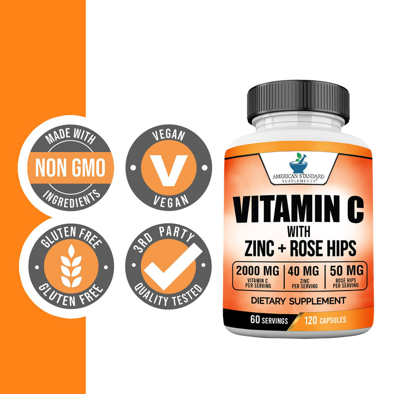 American Standard Supplements Vitamin C 2000mg, Zinc 40mg, and Rose HIPS 50mg Per Serving – Vegan, Gluten Free, Non-GMO (120 Count) (Pack of 2) 120 Count (Pack of 2)