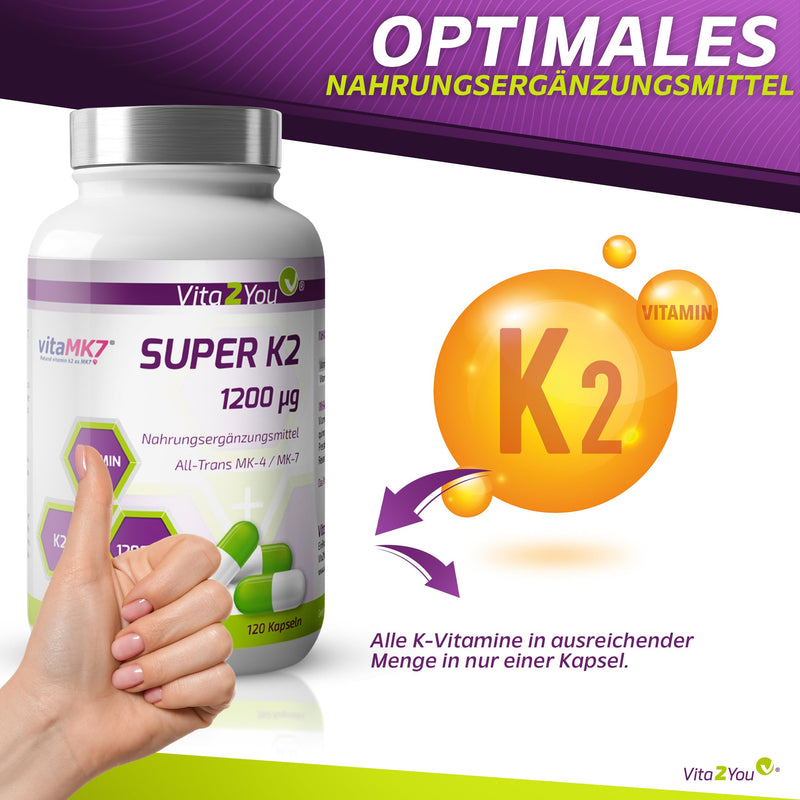 [Australia] - Vita2You Super K2-1200µg Vitamin K2 - Original vitaMK7® - (Natural MK-7) with MK-4 >99% All Trans - 120 capsules - High dosage - Premium quality 