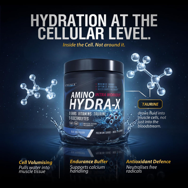 Athenix® Amino Hydra-X Intra-Workout | Green Apple | 9 EAAs + 5 Electrolytes + Vitamins & Taurine | Vegan BCAA + Hydration Powder | 26 Servings | Zero Sugar & Fat | 365g (365g, Green Apple Burst)