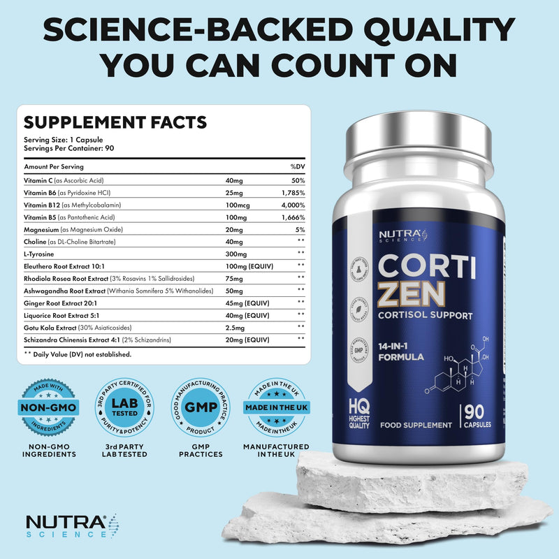CortiZen High Strength 14 in 1 Cortisol Reducing Supplements - 3 Month Supply Cortisol Support with Rhodiola Rosea, Ashwagandha 90 Vegan Capsules