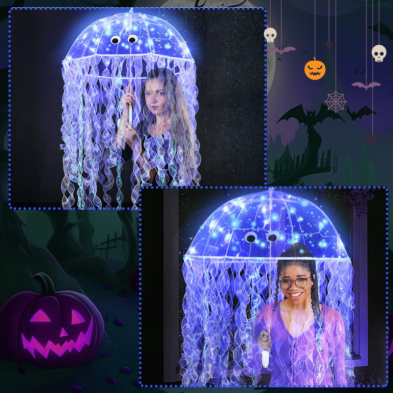Halloween DIY Jellyfish Costume Set Including Clear Bubble Umbrella Ribbons LED String Lights Eyes and Glue for Halloween Costume Sea Creature Cosplay