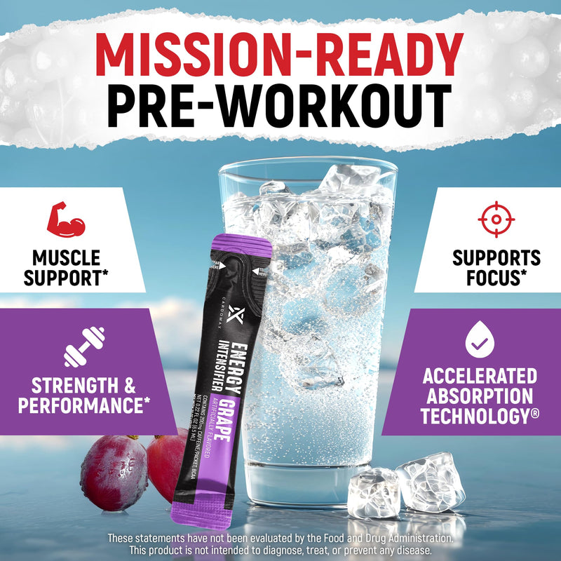 CardoMax Caffeine Packets, Grape, 15 Liquid Stick Packs | Energy Drink Packets with 200 MG Liquid Caffeine, BCAA, Vitamin B12 & B6, Sugar-Free, Zero Calorie, Vegan & Keto