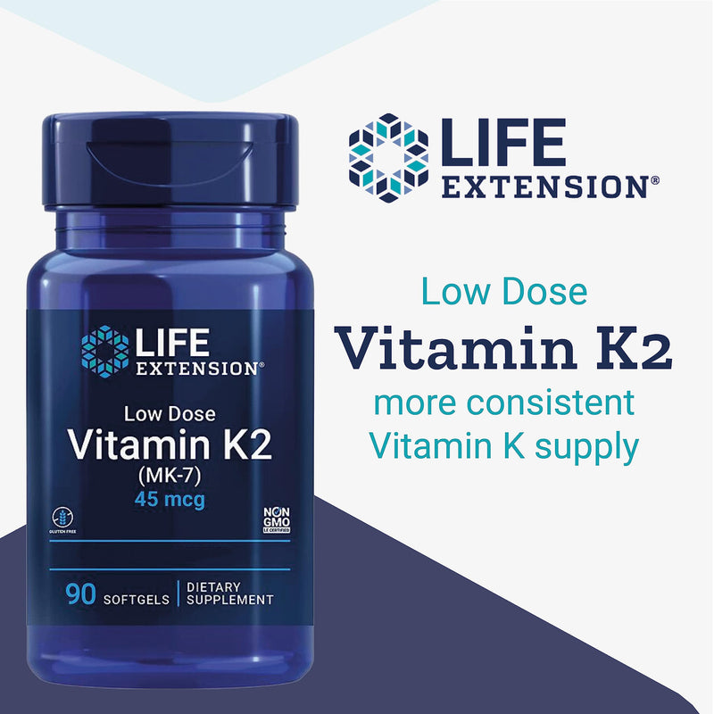 Life Extension, Low Dose Vitamin K2, with Trans-MK-7, 45mcg, 90 Soft Capsules, Lab Tested, Gluten Free, SOYA Free, Non-GMO