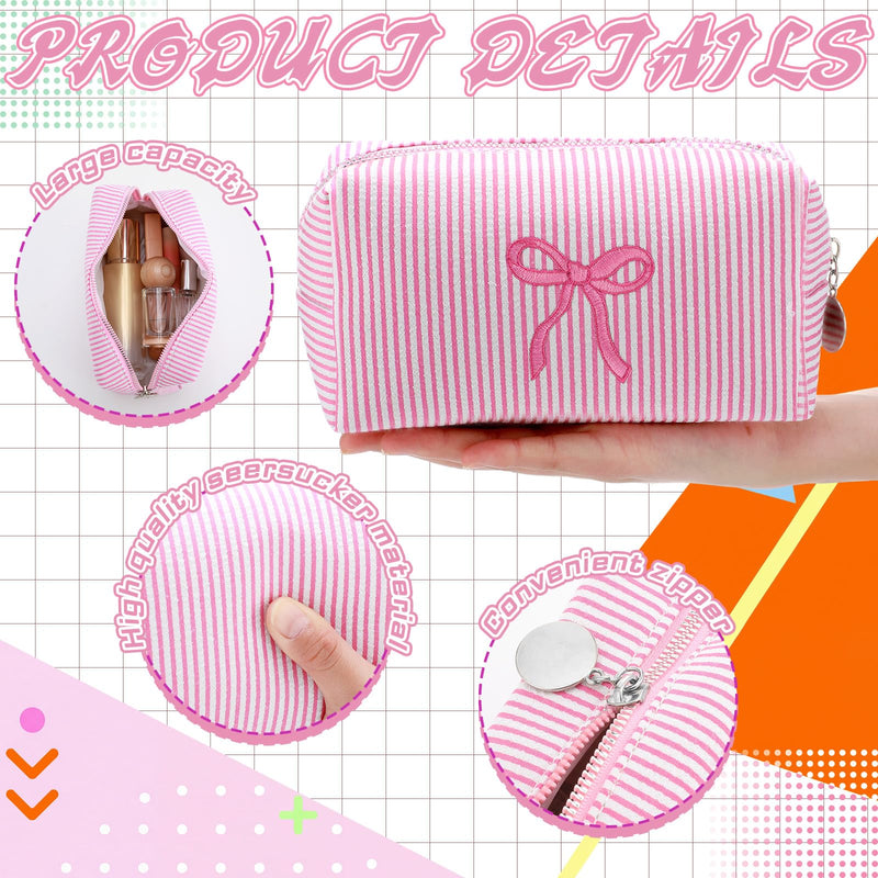 12 Pcs Pink Bow Seersucker Cosmetic Bags Bulk Seersucker Makeup Bags Stripe Women Pouch Large Preppy Storage Pouch Toiletry Travel Organizer for Party Favor 12