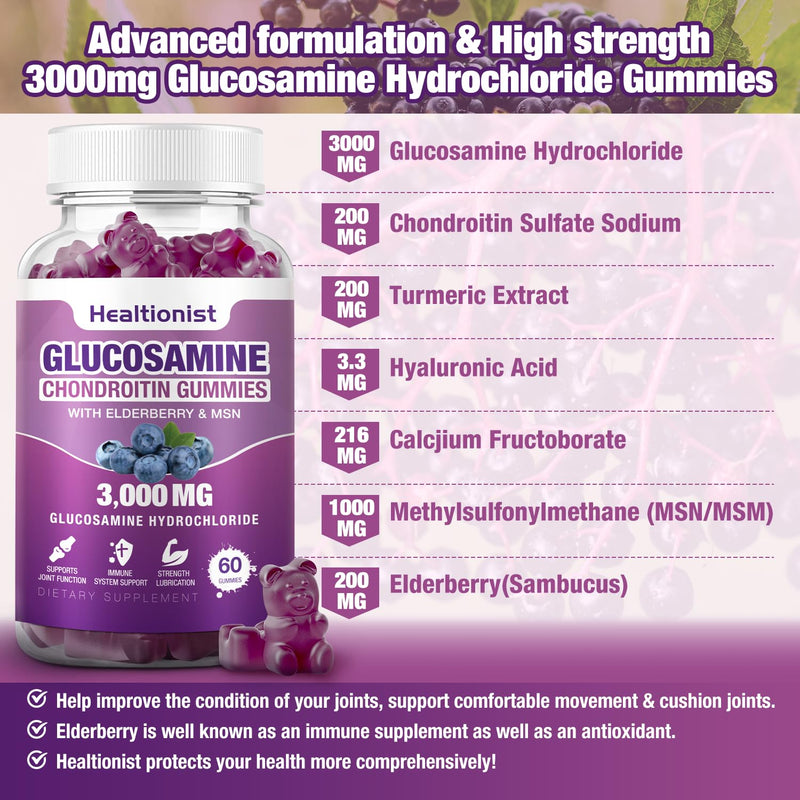 [Australia] - 2 Packs 3000mg Glucosamine Chondroitin Gummies with MSM & Elderberry - Extra Strength Joint Health, Flexibility, Antioxidant Immune Support Supplement Gummy for Adults, Men & Women 120 Cts 60 Count (Pack of 2) 