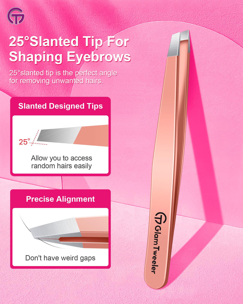 Expert Slant Tip Tweezers with Leather Case, GlamTweeler Sharp & Precision Stainless Steel Tweezer for Eyebrows, Facial Hair and Fine Hairs Removal (Rose Gold) Rose Gold