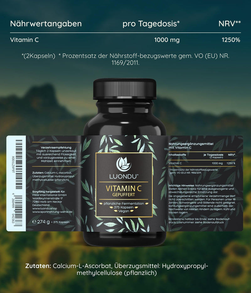 [Australia] - Vitamin C 375 capsules buffered 1000mg per daily dose high dose, vegan - Buffered vitamin C from plant fermentation - Made in DE Luondu® 