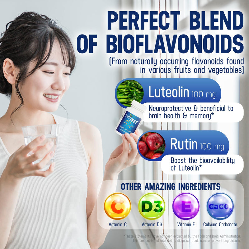 Lutimax Luteolin Complex w/Rutin - Immune Support Brain Supplements - Bioflavonoids w/Vitamin C, D & E for Joint, Muscle, & Dietary Issues - Antioxidants Supplement w/Immune Support - 120 Tablets 120 Count (Pack of 1)