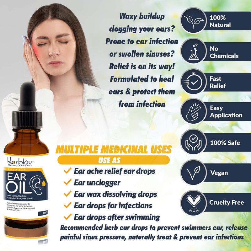 [Australia] - Organic Ear Oil for Ear Infections - Natural Eardrops for Infection Prevention, Swimmer's Ear & Wax Removal - Kids, Adults, Baby, Dog Earache Remedy - with Mullein, Garlic, Calendula, Made in USA 