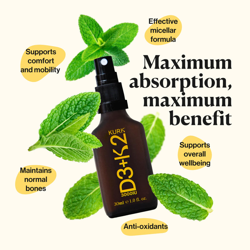 KURK Vegan Vitamin D3 K2 Spray for Everyday Wellness and Normal Muscle Function, Delivers Vitamin K2 MK-7 and 3000IU D3, Plant Based with Natural Ingredients, Refreshing Mint Taste (30ml)