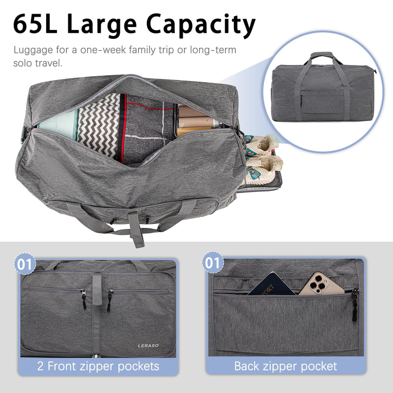 65L Foldable Duffle Bag with Shoe Compartment - Large Travel Duffel Bag for Men & Women, Packable Weekend Bag with Trolley Sleeve, Water-Resistant & Lightweight Gym Bag for Travel, Sports（Grey） Grey