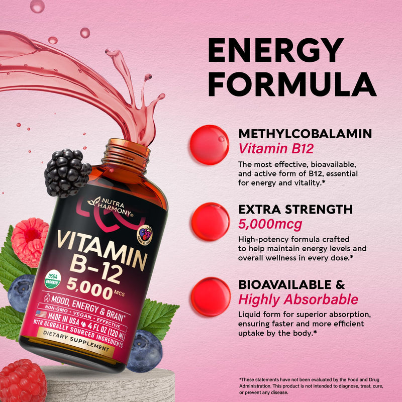 USDA Organic Vitamin B12 Sublingual Drops - Methylcobalamin 5000 mcg - 4 Oz | Vitamin B12 for Women & Men - Energy Boost, Focus & Brain Support - Bioavailable - Berry Flavor, Sugar-Free - 120-Day Supply Drops 4 fl oz