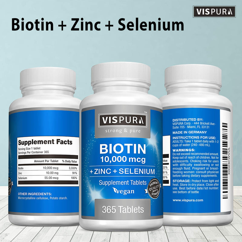 [Australia] - Biotin 10000 mcg + Zinc + Selenium, Pure, Vegan & Extra Strong, Best Supplement for Hair Growth, Glowing Skin, Strong Nails*, 365 Tablets for 12 Months, Natural Without Additives 365 Count (Pack of 1) 