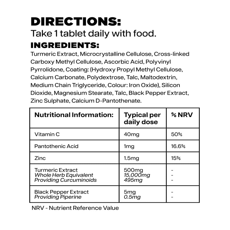 Woods Supplements - 15,000mg High Strength Turmeric & Black Pepper 60x Vegan Curcumin Turmeric Extract Tablets with Added VIT B5, VIT C and Zinc. High Absorption for Joint Care and Digestion 60