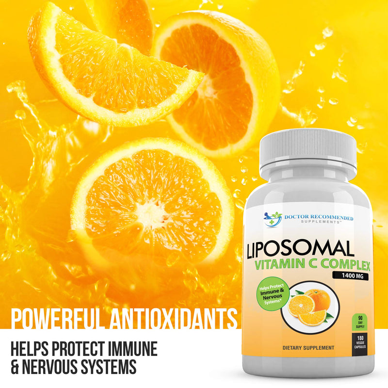 Liposomal Vitamin C 1400mg Per Serving - 180 Veggie Capsules High Absorption Ascorbic Acid, Lypo-Spheric Vitamin C Complex Immune Support Supplement with Powerful Antioxidants and Collagen Booster 180 Count (Pack of 1)