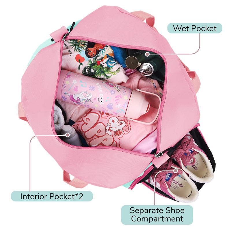 WOOMADA Travel Duffle Bag, Weekend Bag with Wet Pocket & Trolley Sleeve, Overnight Bag With Shoe Compartment, Fit for Sports Practice, Travel and Gifts(pink green) pink green