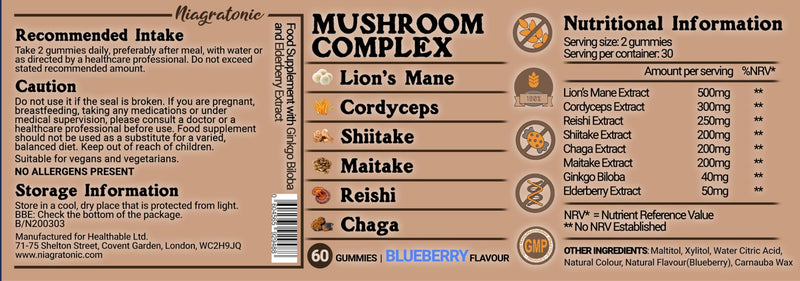 Mushroom Complex Gummies - 6 Mushroom Blend with Lion’s Mane, Reishi, Cordyceps, Shiitake, Maitake & Chaga + Ginkgo & Elderberry - Sugar Free Blueberry Flavour - 60 Gummies