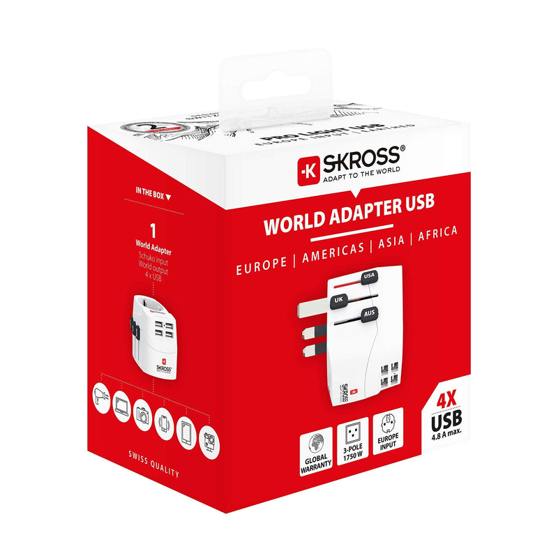 SKROSS | 1.302461 | Pro Light USB (4xA) | Universal Travel Adapter 2 & 3 Pin with 4 USB Ports 4.8A Voltage and Power: 100V-700W/250V-1750W Suitable for PC and Hair Dryer PRO Light USB (4xA)