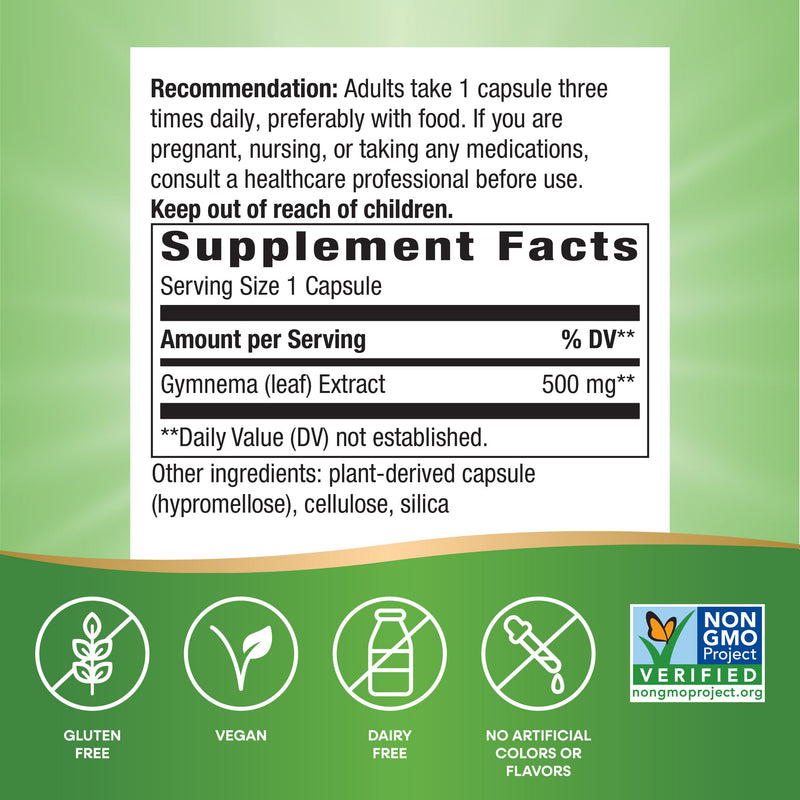 [Australia] - Nature's Way Gymnema Premium Extract, Supports Carbohydrate Metabolism*, 500 mg per Serving, Non-GMO Project Verified, 60 Vegan Capsules (Packaging May Vary) 