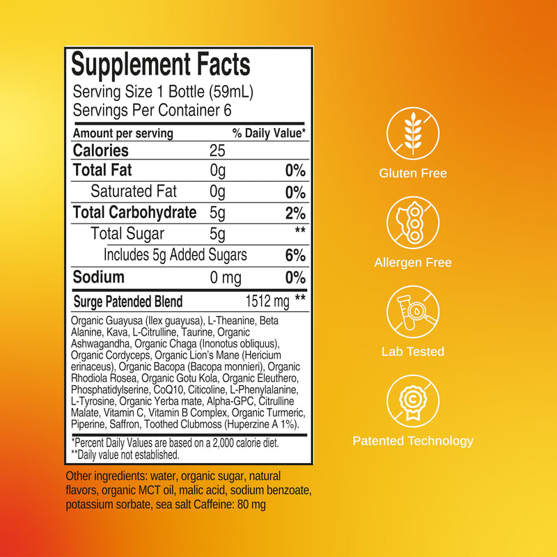 [Australia] - SAGA Surge Organic Energy Shots | Yerba Mate & Alpha GPC Supplement with CoQ10, Turmeric & Mushrooms | Pre Workout Boost Drink for Focus & Performance | 2oz Peach Mango 2 Fl Oz (Pack of 6) 