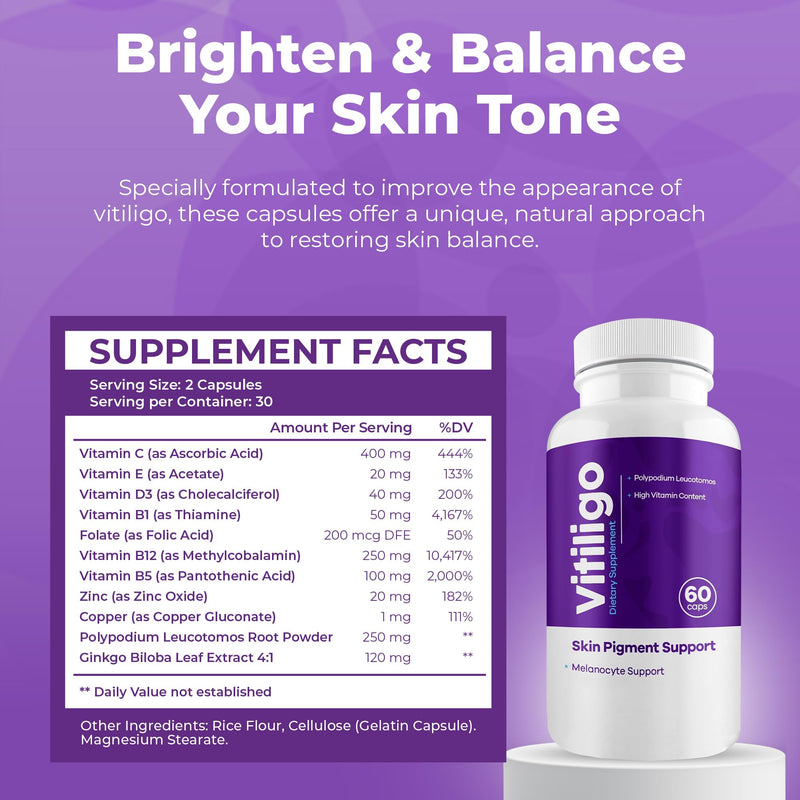 Vitiligo Capsules 60 Count | 1 Month | Improve Skin Pigmentation Support and Reduce White Spots | Effective Vitiligo Supplement | Natural Solution for White Spots on Skin. (2) 2