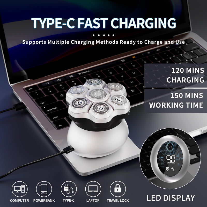 [Australia] - Bald Head Shavers for Men,Magnetic 7D Rotary Electric Shaver Bald Head,Cordless USB-C Rechargeable Face Beard Razors,IPX6 Waterproof Wet/Dry Shaving with LED Display White 