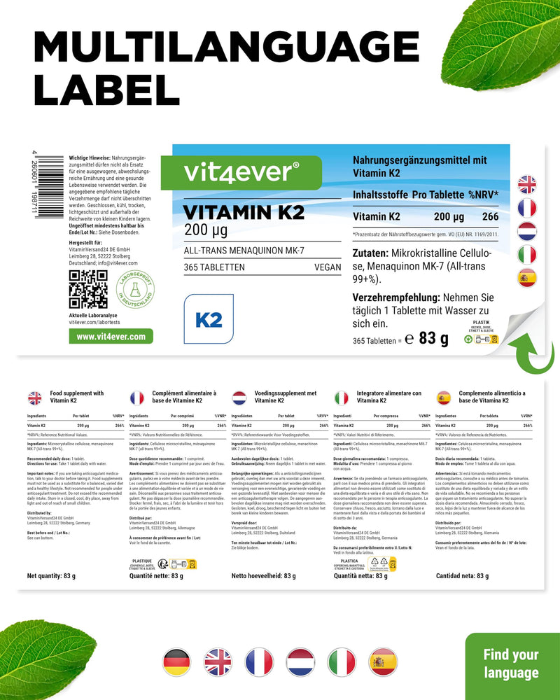 [Australia] - Vitamin K2 MK7-365 tablets - 200 µg per tablet - All-trans content >99.7% MK-7 Menaquinone - High dosage - Without unwanted additives - Vegan 