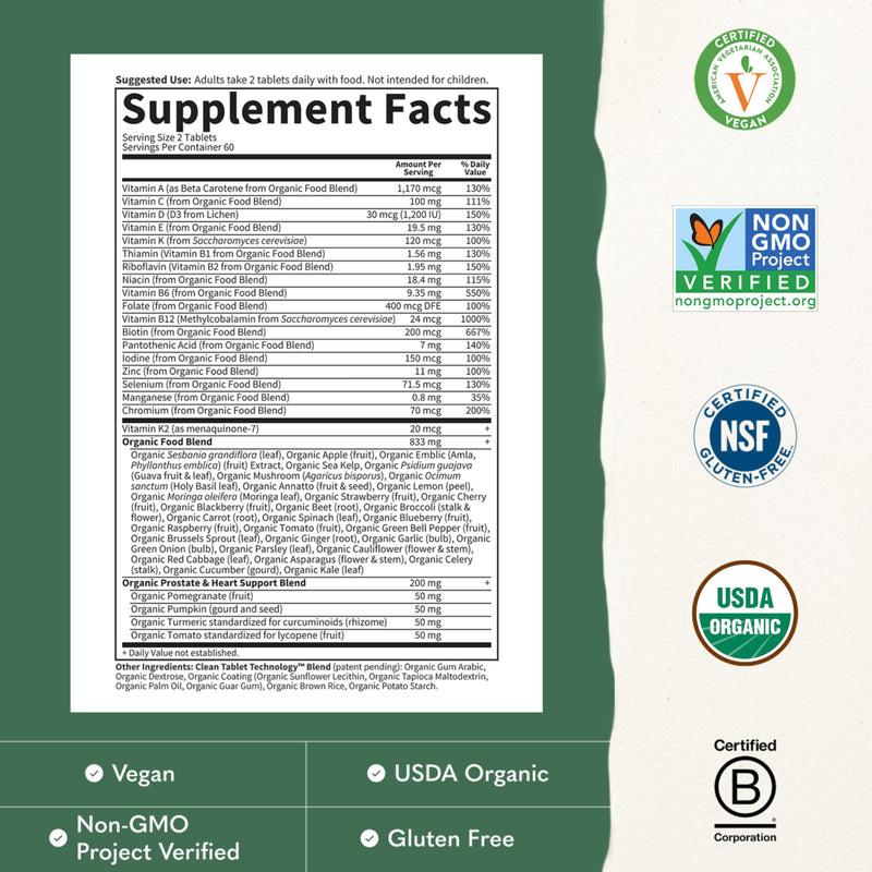 Garden of Life Organics Whole Food Multivitamin for Men 40+ 120 Tablets, Vegan Mens Multi for Health & Well-Being Certified Organic Whole Food Vitamins & Minerals for Men Over 40 Mens Vitamins | Prostate Support, B12 & Vitamins, Vegan, Daily Whole Food...