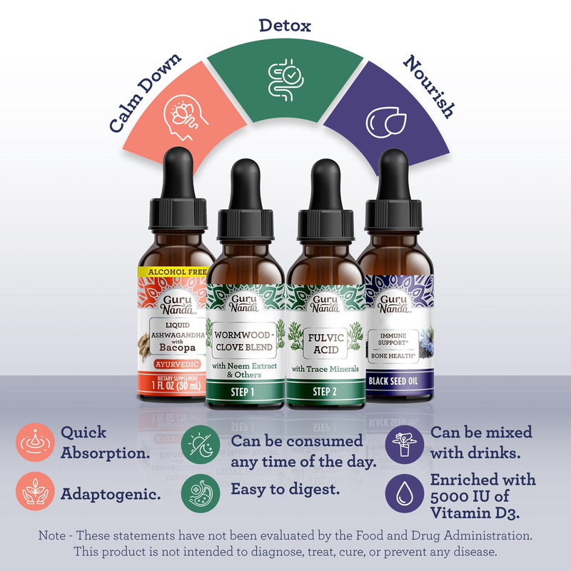 [Australia] - GuruNanda Total Wellness Boost with Liquid Ashwagandha, Black Seed Oil & GutCleanse - Helps with Immunity and Mind Care 