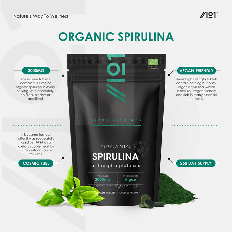 Organic Spirulina 2000mg – 1000 Vegan Tablets - Pure Supplement Formula with No Additives – Resealable and Recyclable Pouch by Alpha01 1 count (Pack of 1000)
