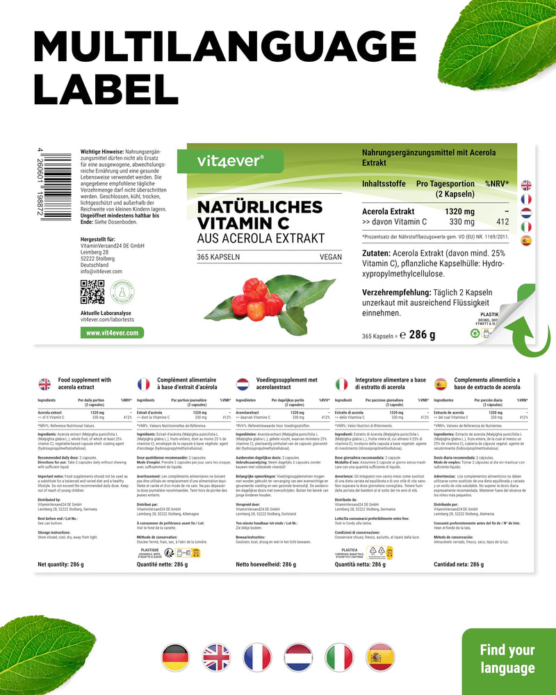 [Australia] - Natural vitamin C from acerola extract - 365 capsules - high dosage - premium raw material - without unwanted additives - vegan 