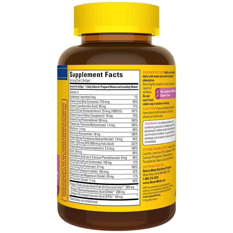 Nature Made Prenatal Vitamins for Women with Folic Acid + DHA, 110 Softgels | Prenatal Vitamin and Mineral Supplement for Daily Nutritional Support, With Folic Acid and 19 Other Nutrients, 110 Day Supply Unflavored 110 Count (Pack of 1)