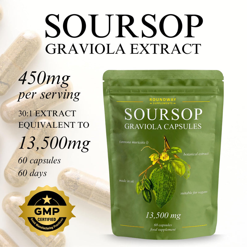 Soursop Graviola Capsules | Extra High Strength 13500mg 30:1 Extract Per Serving by Roundway Supplements | Potent Antioxidant, 2 Month Supply. Made in the UK - 60 Vegan Capsules 60 count (Pack of 1)