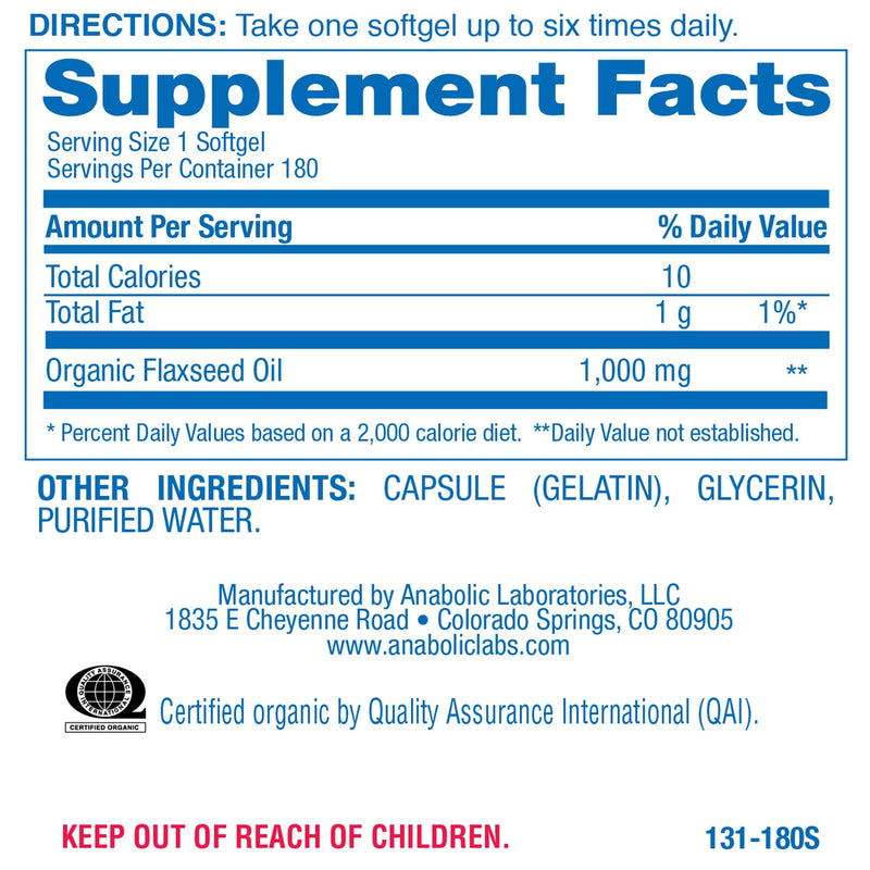 [Australia] - Anabolic Laboratories Flaxseed Oil Softgels 1000mg - 180 Softgels for Skin, Digestive, Heart, and Nerve Health - Contains Flax Seed Oil, ALA, Linoleic Acid, and Oleic Acid - Omega 3 6 9 