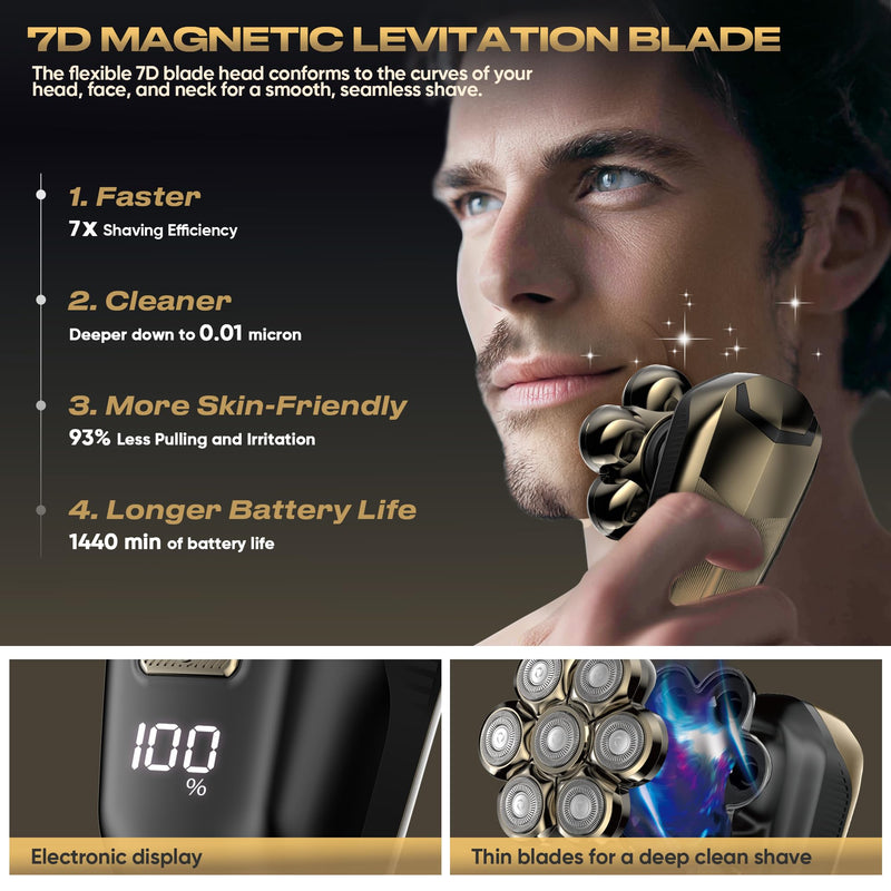 [Australia] - Head Shavers for Bald Men, Electric Razor with 7D Magnetic Shaver Heads, Wet Dry Waterproof Bald Head Trimmer Kit for Women & Men, Nose Ear Hair Trimmer, USB Rechargeable Clippers, Bright Black 