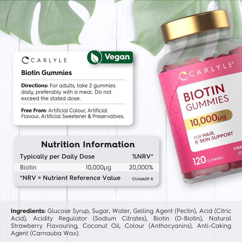 Biotin Hair Growth Gummies 10,000mcg | 120 Count | Vitamin B7 | High Strength Supplement for Hair and Skin Support | Strawberry Flavour | Vegan | By Carlyle