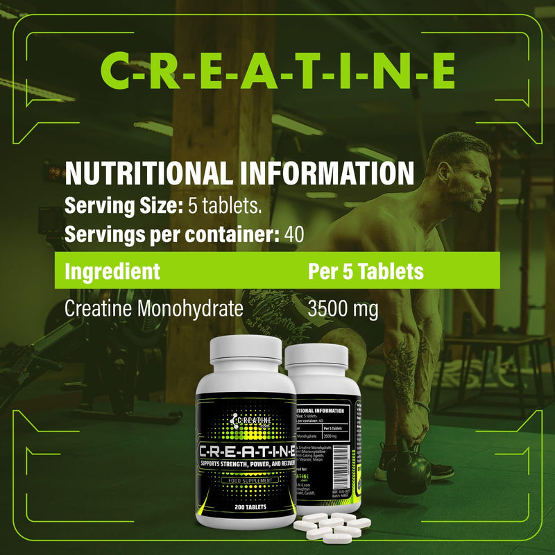 Creatine Tablets 3500mg – 200 Tablets | High Strength Muscle & Strength Support | Pure Creatine Monohydrate Supplement | Pre/Post Workout | Vegan-Friendly | Made in UK 200 count (Pack of 1)
