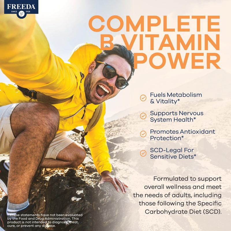 FREEDA Vitamin B Complex with Vitamin C & Zinc – 180 Capsules | Supports Energy & Metabolism with Active B12, Methylfolate, B1–B6, Biotin, Choline - Vegan, Kosher, SCD Legal 180 Count (Pack of 1)