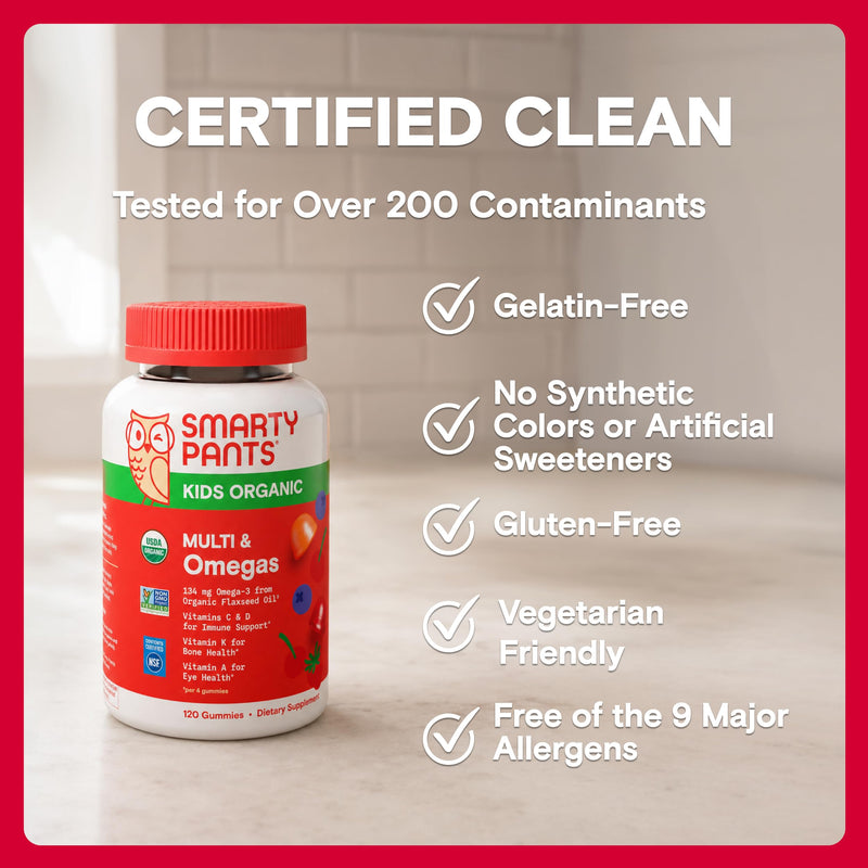 SmartyPants Organic Kids Multivitamin Gummies: Probiotics, Omega 3 (ALA), Vitamin D3, C, Vitamin B12, B6, A, K & Zinc for Immune Support, Biotin, Three Fruit Flavors, 120 Count (30 Day Supply) 30 Servings Organic + Probiotics